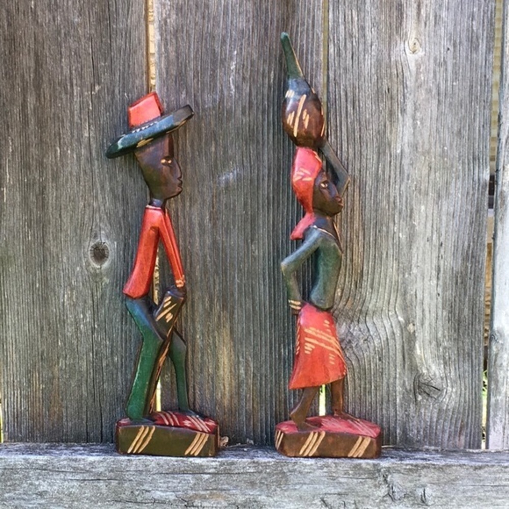 Antique African Tribal Multi Colored Hand-Carved Wood Couple, woman and man.